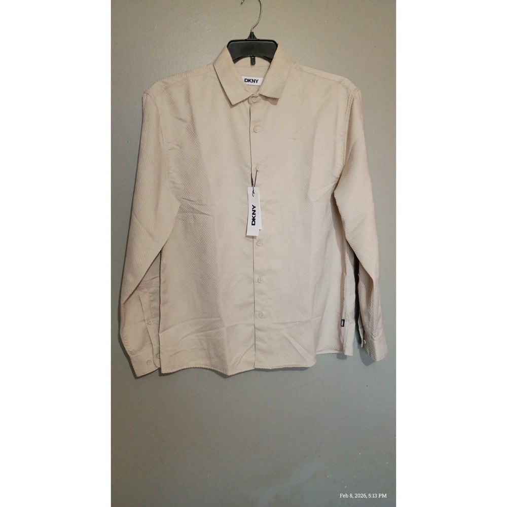 DKNY Men's Geometric Button-Up Shirt Sand Color M Stretch Long Sleeve‎